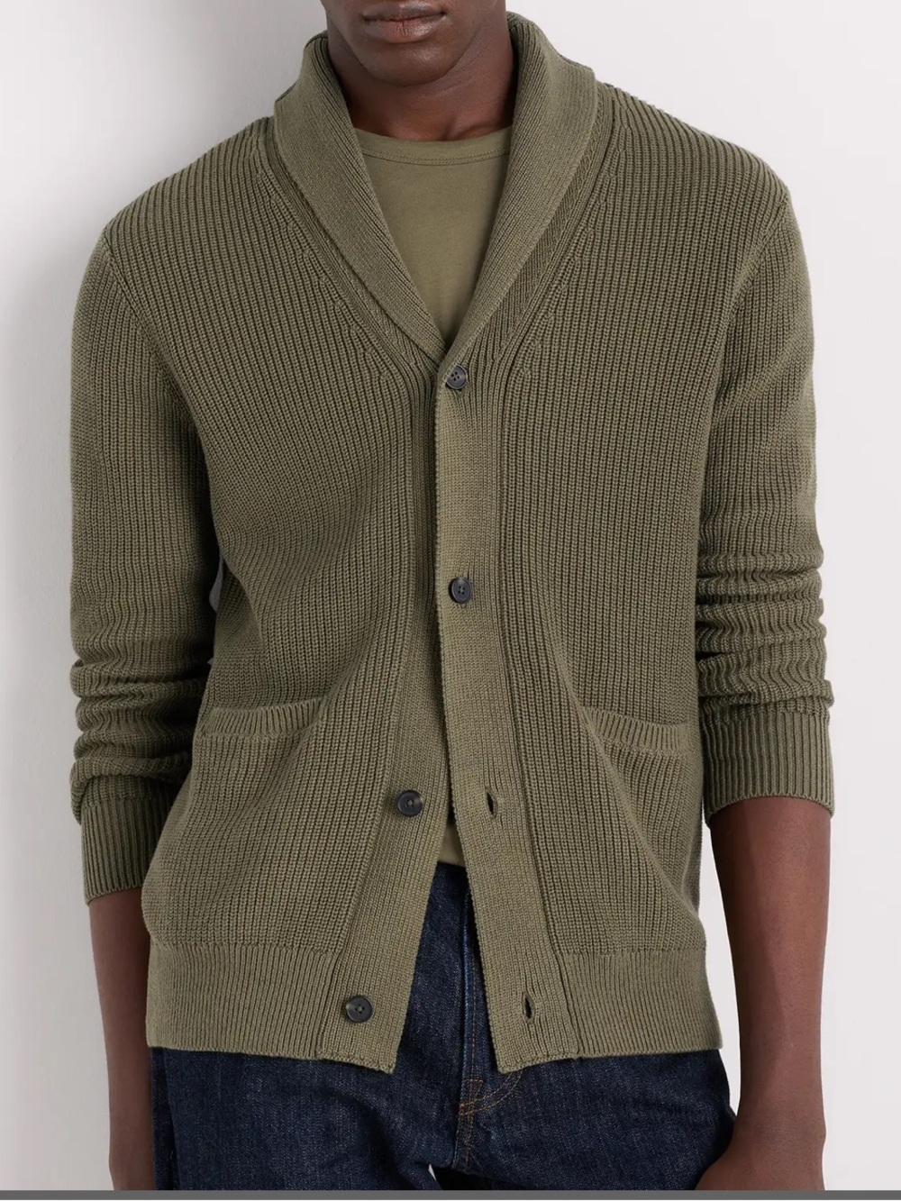 Quince 100% Organic Cotton Ribbed Shawl-Collar Cardigan Sweater Olive Green XL